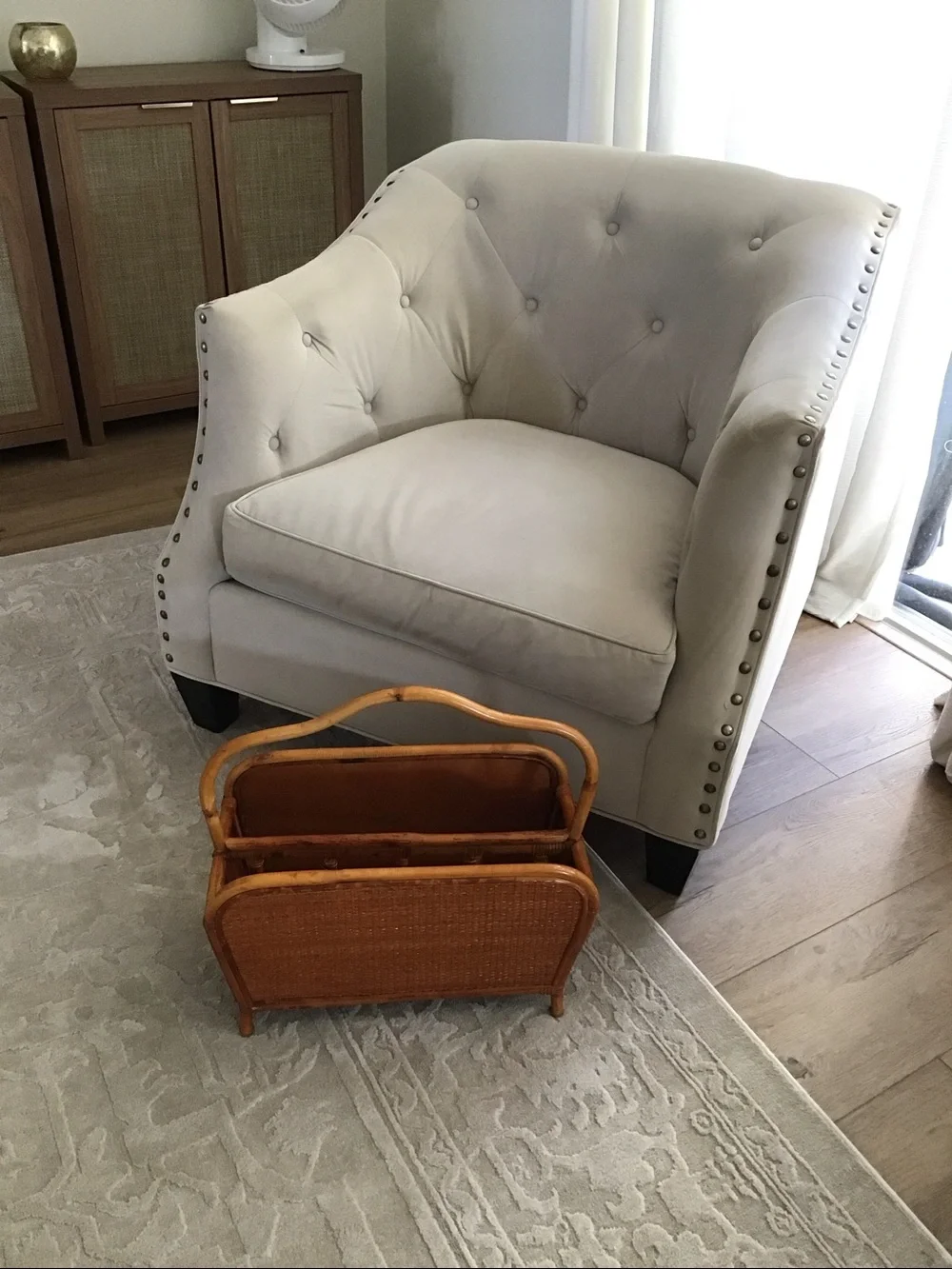 Vintage 1950s magazine rack bent bamboo frame, woven rattan side